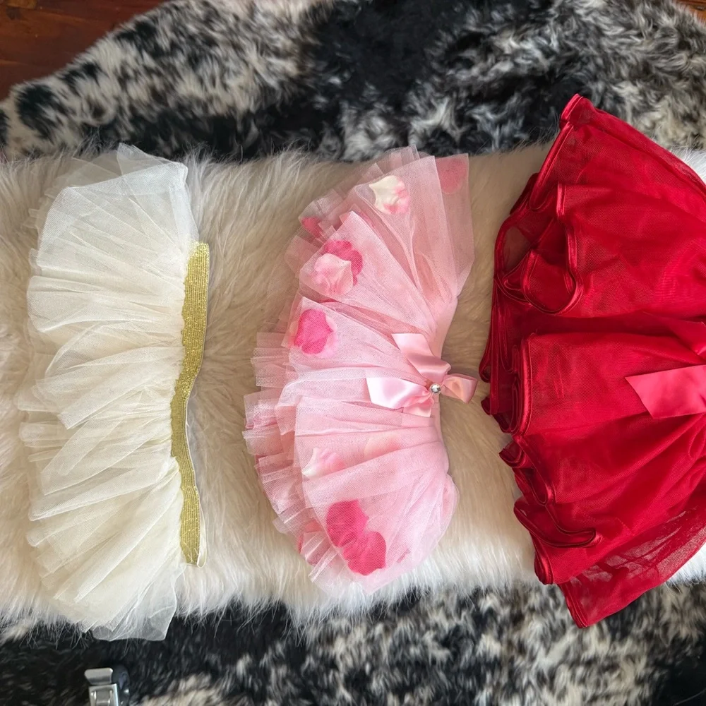Set of 3 Girls' Tulle Tutus - White, Pink & Red 0-12 months